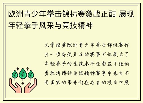 欧洲青少年拳击锦标赛激战正酣 展现年轻拳手风采与竞技精神 欧洲青少年拳击锦标赛激战正酣 展现年轻拳手风采与竞技精神